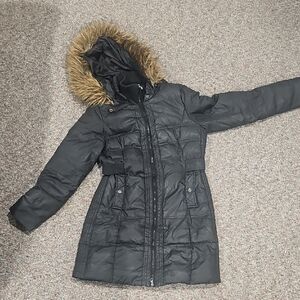 Larry Levine Charcoal Puffer Jacket with Faux Fur Trim